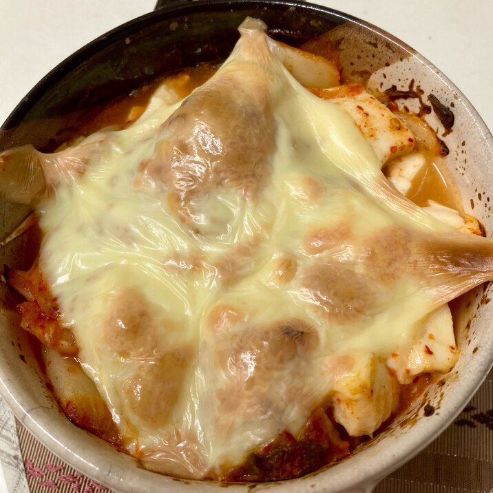 豆腐キムチのチーズ焼き、国産チーズを使って。